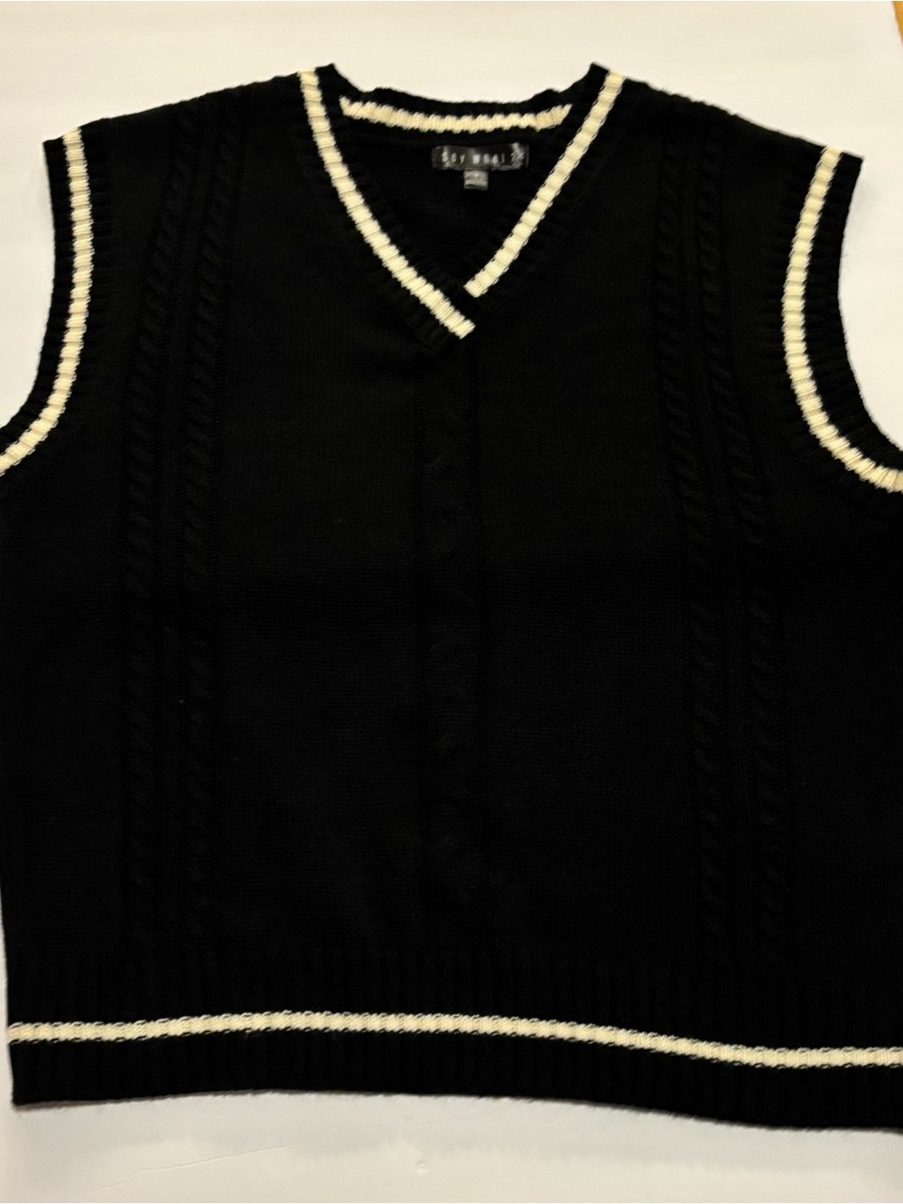 Say What? Black V-Neck Cable Knit Sweater Vest with Cream Trim